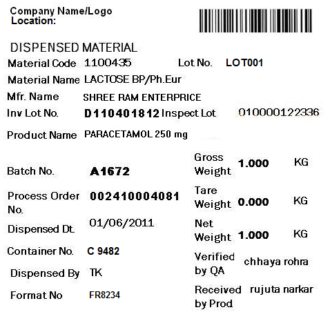 Sample of dispensing label generated by automated dispensing system